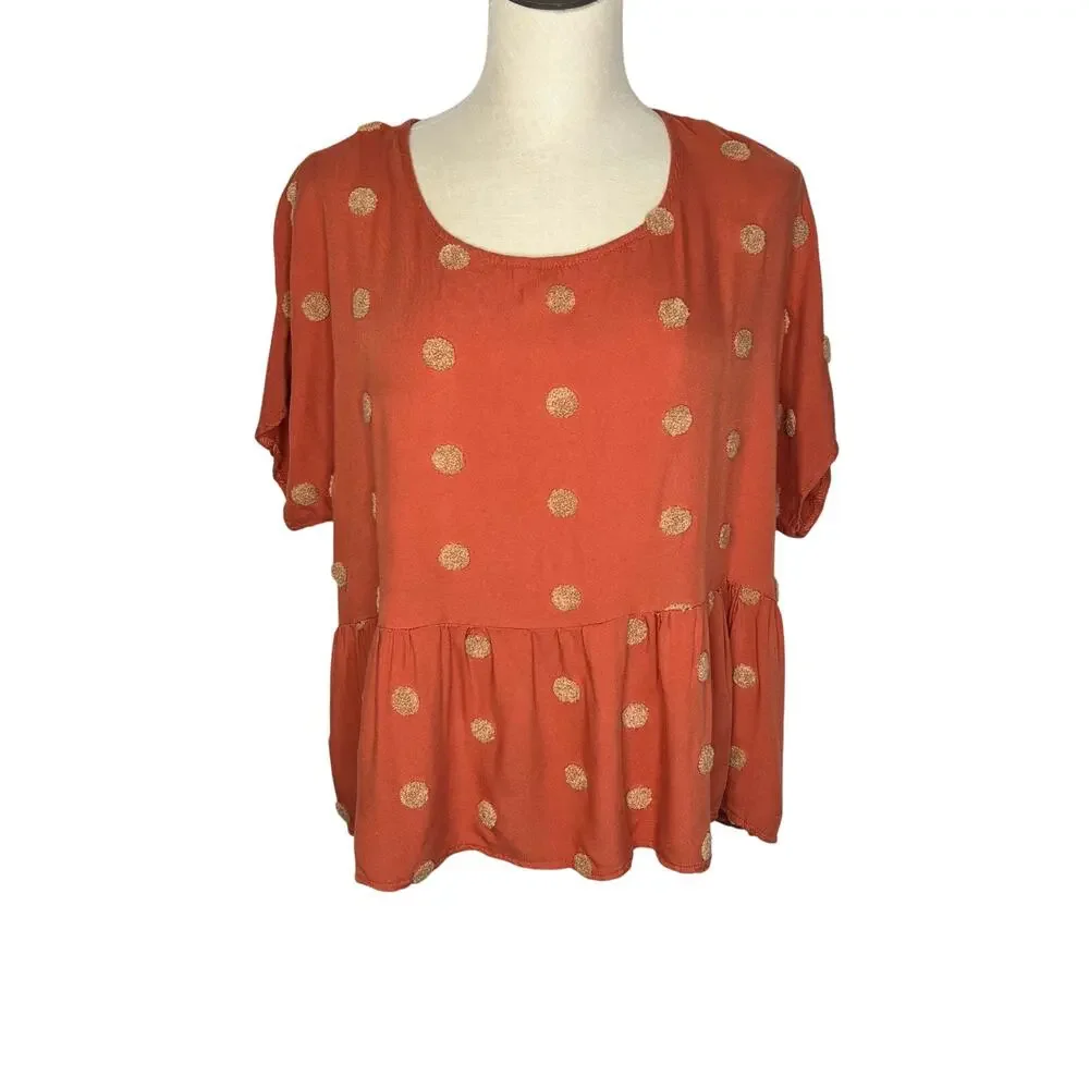 Blu Pepper polka dot burnt orange babydoll top Size large - Picture 2 of 8